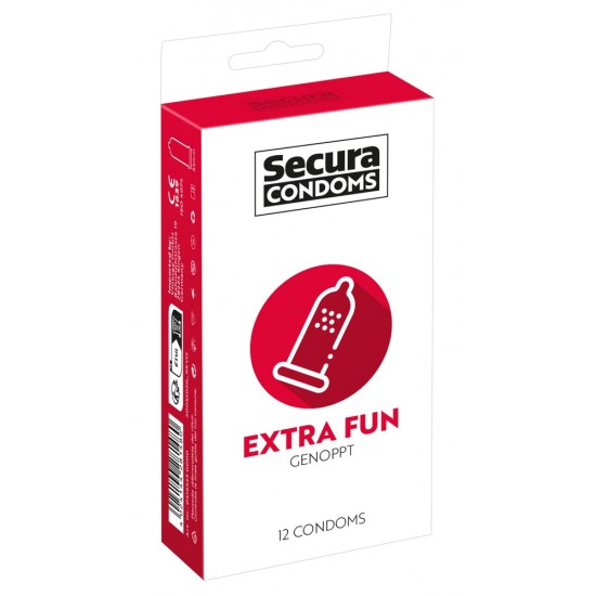 Com nervuras para diversão ainda mais intensa!Preservativos transparentes com nervuras Extra Fun da Secura Condoms. Com revestimento e reservatório à base de silicone. Adequado para veganos. Inodoro e insípido.Compriment