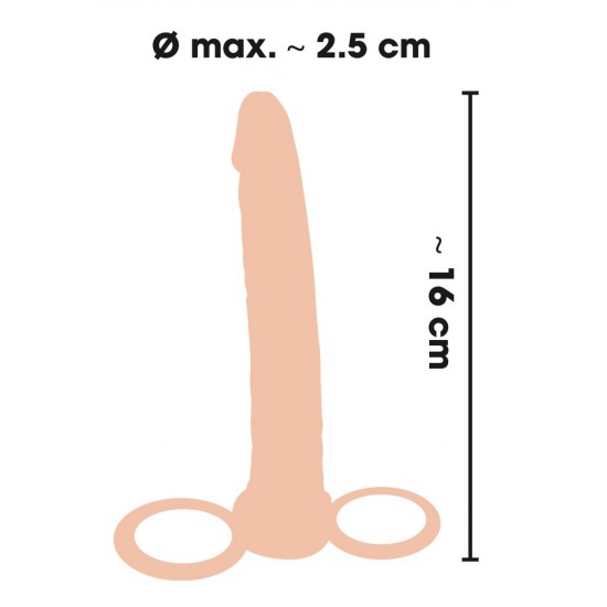 Dildo flexível (, 2,5 cm de diâmetro 16 cm de comprimento) com anel para o pênis (Ø 3 cm) e anel para testículos (O 5 centímetros, elástica). Material: TPR, livre ftalatos.