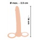 Dildo flexível (, 2,5 cm de diâmetro 16 cm de comprimento) com anel para o pênis (Ø 3 cm) e anel para testículos (O 5 centímetros, elástica). Material: TPR, livre ftalatos.
