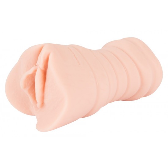Skin-coloured vaigna masturbator with grip grooves outside. Length 13.5 cm, outer Ø 6.2 cm. Ø tight and ellastic. Material: TPE.