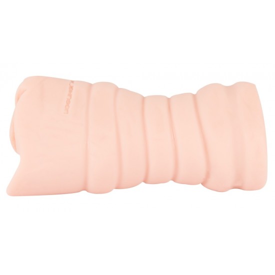 Skin-coloured vaigna masturbator with grip grooves outside. Length 13.5 cm, outer Ø 6.2 cm. Ø tight and ellastic. Material: TPE.