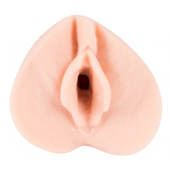 Skin-coloured vaigna masturbator with grip grooves outside. Length 13.5 cm, outer Ø 6.2 cm. Ø tight and ellastic. Material: TPE.