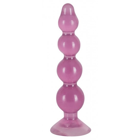 Transparent purple coloured anal bead strand with four droplet shaped beads increase in size from the tip to the base. With suction cup. Length approx. 13 cm, Ø 1.2-2.9 cm. Material: TPR, phthalate-free according to EU R