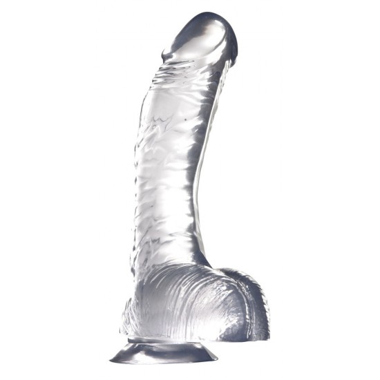 Transparent curved dildo in a penis shape with testicles and suction cup. 20 cm, Ø 3.5-3.9 cm. Material: PVC, phthalate-free according to EU Regulation REACH.