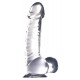 Transparent curved dildo in a penis shape with testicles and suction cup. 19.5 cm, Ø 3.4-4.1 cm. Material: PVC, phthalate-free according to EU Regulation REACH.