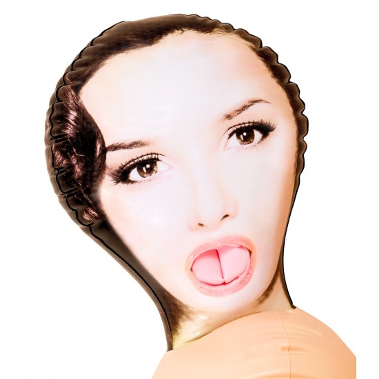 Inflatable, life-size love doll with a printed on face and hair. With bent arms and legs, stiff nipples and three flexible pleasure openings (Ø 3 cm). Material: PVC, phthalate-free according to EU Regulation REACH.