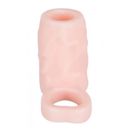 Realistic-looking, skin-coloured penis sleeve with an integrated testicle ring. 6.5 cm long, inner Ø of sleeve 2.5 cm, testicle ring Ø 3 cm (both are very flexible). Skin-coloured. Material: TPE, phthalate-free according