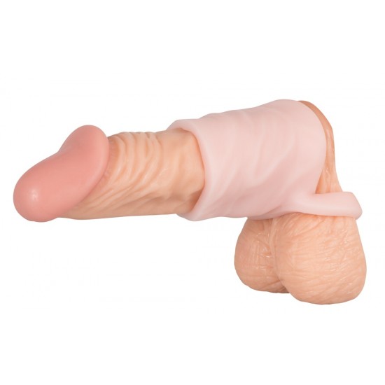 Realistic-looking, skin-coloured penis sleeve with an integrated testicle ring. 6.5 cm long, inner Ø of sleeve 2.5 cm, testicle ring Ø 3 cm (both are very flexible). Skin-coloured. Material: TPE, phthalate-free according