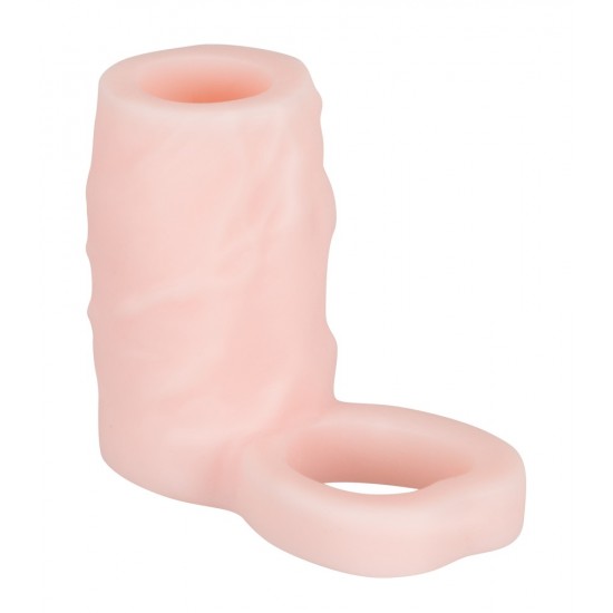 Realistic-looking, skin-coloured penis sleeve with an integrated testicle ring. 6.5 cm long, inner Ø of sleeve 2.5 cm, testicle ring Ø 3 cm (both are very flexible). Skin-coloured. Material: TPE, phthalate-free according