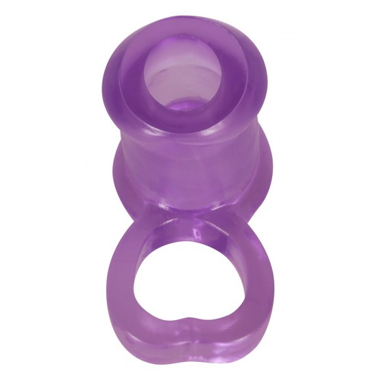 Purple penis sleeve with an integrated testicle ring. Inner Ø of sleeve 2.6 cm, Ø of testicle ring 3 cm - both are very flexible. Material: TPE, phthalate-free according to EU Regulation REACH.