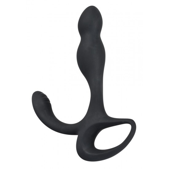 P-spot dildo with a stimulation arm for the perineum. With a retraction ring. The dildo has a flexible shaft and the stimulation arm has a wavy part on the tip. Black. Complete length 15.5 cm, insertion depth 11 cm, Ø 1.