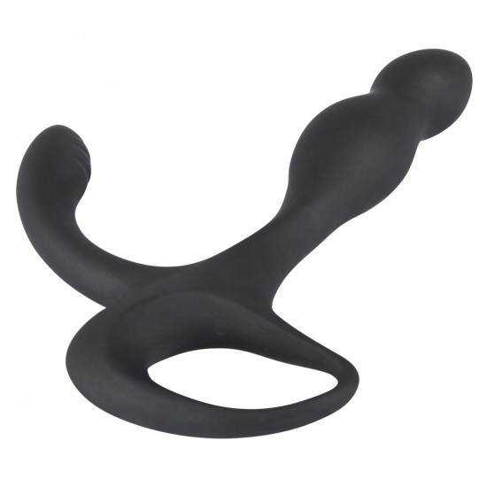 P-spot dildo with a stimulation arm for the perineum. With a retraction ring. The dildo has a flexible shaft and the stimulation arm has a wavy part on the tip. Black. Complete length 15.5 cm, insertion depth 11 cm, Ø 1.