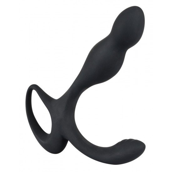 P-spot dildo with a stimulation arm for the perineum. With a retraction ring. The dildo has a flexible shaft and the stimulation arm has a wavy part on the tip. Black. Complete length 15.5 cm, insertion depth 11 cm, Ø 1.