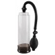 Transparent penis pump with pump ball, black sleeve and scale. Size: 21 cm, Ø 6 cm. Material: ABS/PVC.