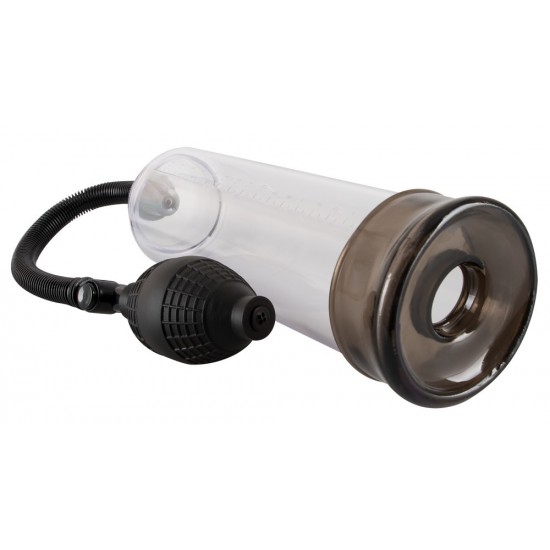 Transparent penis pump with pump ball, black sleeve and scale. Size: 21 cm, Ø 6 cm. Material: ABS/PVC.