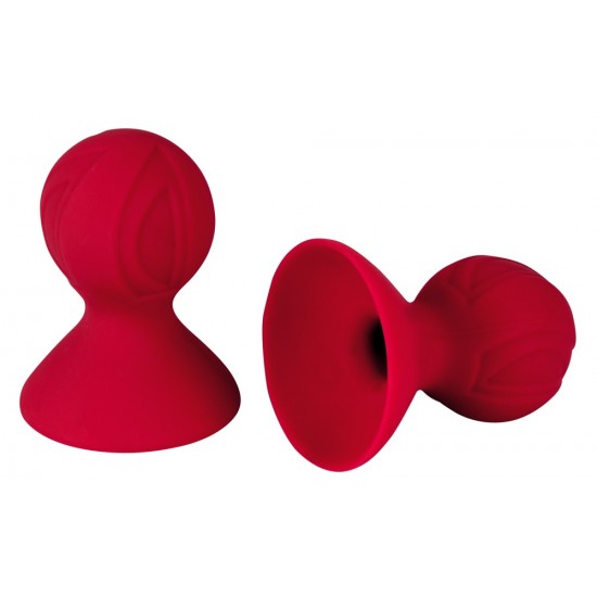 Nipple suckers with pump ball featuring multi-ply pattern. Red. 7 cm long, pumpball Ø 4 cm, contact area Ø 5.5 cm. Material: Silicone with PU coating, phthalate-free according to EU regulation REACH.