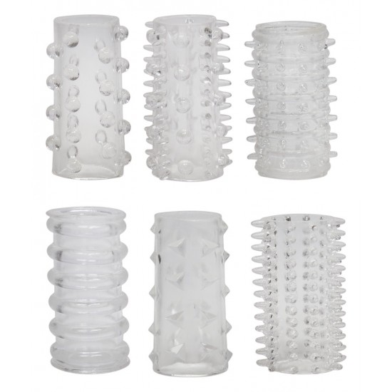 6 transparente pênis geléia mangas com diferentes estruturas de estímulos. Tamanho: 4,5 cm Ø flexível. 6 peça-set.