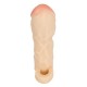 Skin-coloured penis sleeve with a testicle ring for extending the penis. With pink glans that have a large circumference. With veins. Complete length 17 cm, insertion depth 12 cm, thickness 10 mm, Ø of penis/glans max. 5