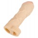 Skin-coloured penis sleeve with a testicle ring for extending the penis. With pink glans that have a large circumference. With veins. Complete length 17 cm, insertion depth 12 cm, thickness 10 mm, Ø of penis/glans max. 5