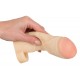Skin-coloured penis sleeve with a testicle ring for extending the penis. With pink glans that have a large circumference. With veins. Complete length 17 cm, insertion depth 12 cm, thickness 10 mm, Ø of penis/glans max. 5