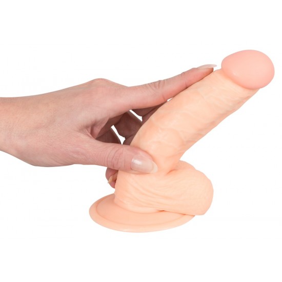 Realistic, skin-coloured dildo with pink glans, pronounced veins and testicles. The dildo´s inner core is hard and its surface is soft. Flexible. With a suction cup. Complete length 17.5 cm, insertion depth 12.5 cm, Ø 2.