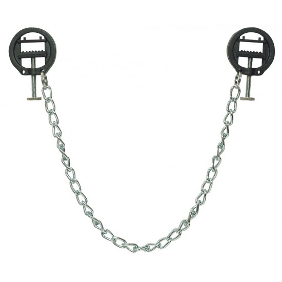 Two black, round nipple screw clamps attached to a 33 cm light metal chain. Clamp pressure individually adjustable with screw.