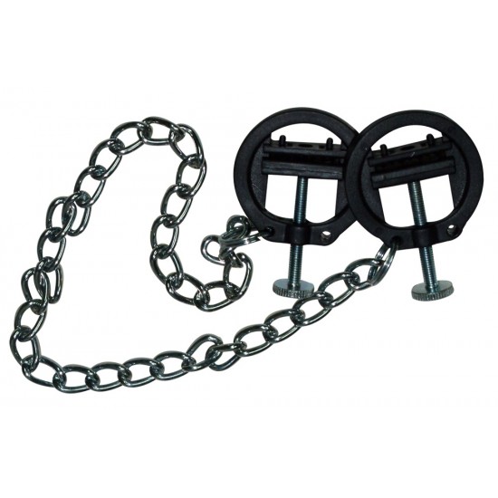 Two black, round nipple screw clamps attached to a 33 cm light metal chain. Clamp pressure individually adjustable with screw.