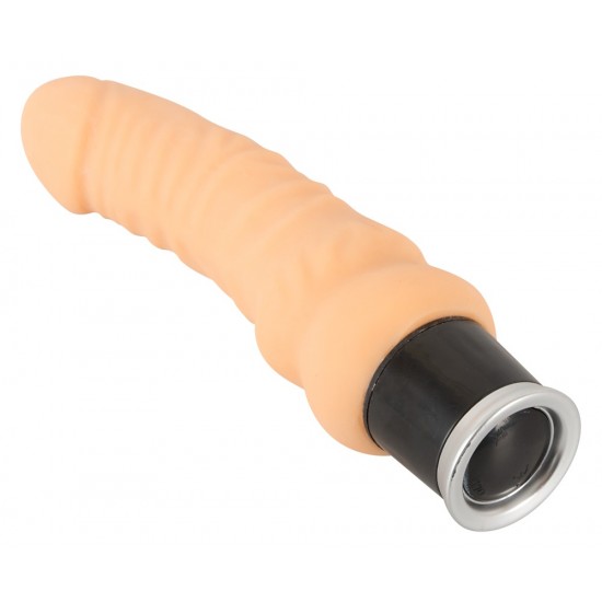 Nature Skin. Vibrator. Complete length approx. 18 cm, diameter 3.5-4.7 cm. 8 vibration modes at the push of a button.Material: TPR, phthalate-free according to EU Regulation REACH. Includes talcum powder and lubricant (F
