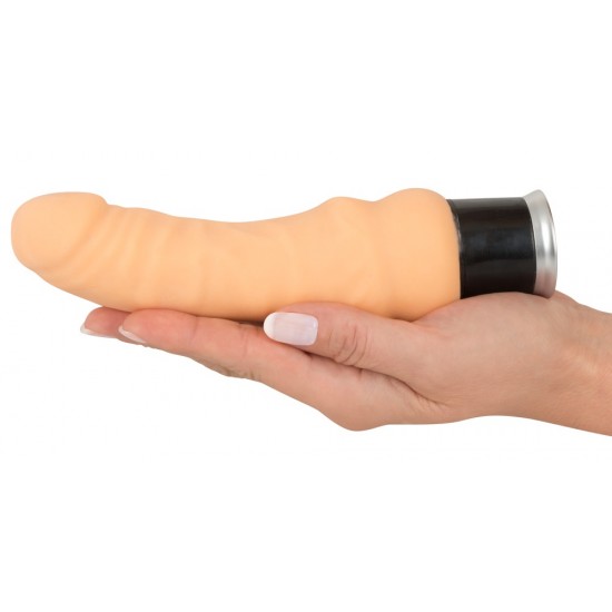 Nature Skin. Vibrator. Complete length approx. 18 cm, diameter 3.5-4.7 cm. 8 vibration modes at the push of a button.Material: TPR, phthalate-free according to EU Regulation REACH. Includes talcum powder and lubricant (F