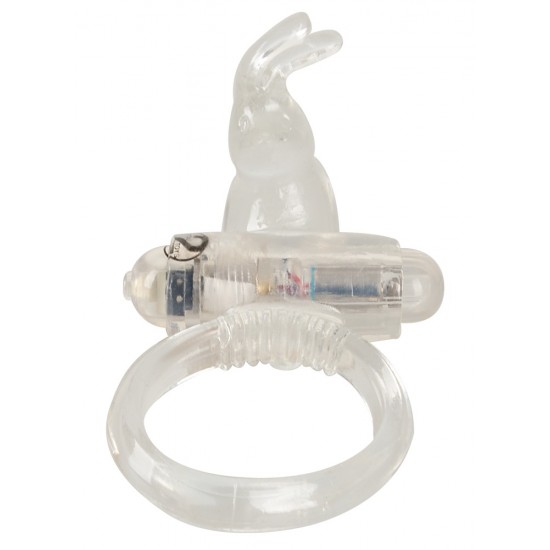 Transparent soft cock ring with double effect: prolonged erections and vibrating clitoral stimulations. Flexible to fit all sizes. Batteries included.