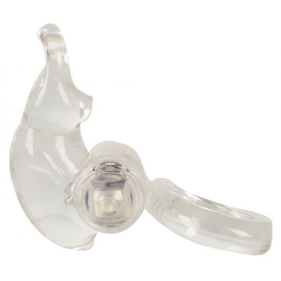 Transparent soft cock ring with double effect: prolonged erections and vibrating clitoral stimulations. Flexible to fit all sizes. Batteries included.