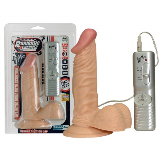 Skin-coloured penis vibrator with throbbing veins, a huge glans, full testicles, and suction cup base. Slippery jelly material and 3 step vibration. Size: 18 cm, Ø 3.5 cm.