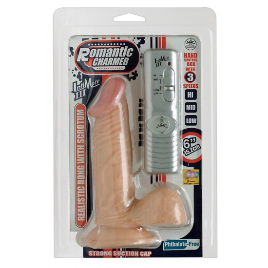 Skin-coloured penis vibrator with throbbing veins, a huge glans, full testicles, and suction cup base. Slippery jelly material and 3 step vibration. Size: 18 cm, Ø 3.5 cm.