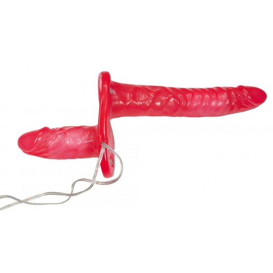 Duplo vibrador Red strap-on. O pênis Shorter tem um comprimento de 10 cm, Ø 3,5 centímetros, o mais longo é de 18 cm de comprimento, Ø 2-5,3 cm. Para prender com uma cinta elástica negra (incluído). Três níveis de vibraç