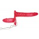 Duplo vibrador Red strap-on. O pênis Shorter tem um comprimento de 10 cm, Ø 3,5 centímetros, o mais longo é de 18 cm de comprimento, Ø 2-5,3 cm. Para prender com uma cinta elástica negra (incluído). Três níveis de vibraç