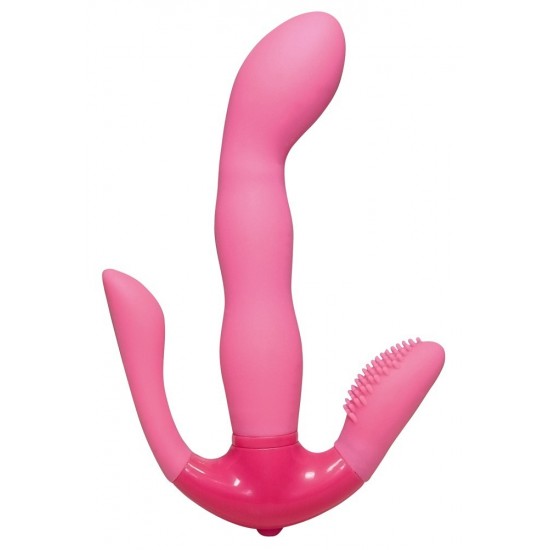 T-shaped curved G-spot vibrator with a nubby clit stimulator (length 6 cm, Ø 2.2-2.9 cm) and an anus stimulator (length 7.4 cm, Ø 1.2-1.7 cm). Pink. 3-step vibration, controllable on the push of a button. Material: silic