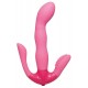 T-shaped curved G-spot vibrator with a nubby clit stimulator (length 6 cm, Ø 2.2-2.9 cm) and an anus stimulator (length 7.4 cm, Ø 1.2-1.7 cm). Pink. 3-step vibration, controllable on the push of a button. Material: silic