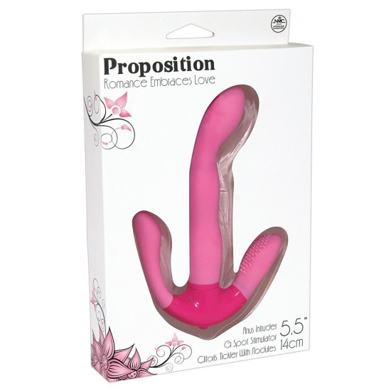 T-shaped curved G-spot vibrator with a nubby clit stimulator (length 6 cm, Ø 2.2-2.9 cm) and an anus stimulator (length 7.4 cm, Ø 1.2-1.7 cm). Pink. 3-step vibration, controllable on the push of a button. Material: silic