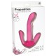 T-shaped curved G-spot vibrator with a nubby clit stimulator (length 6 cm, Ø 2.2-2.9 cm) and an anus stimulator (length 7.4 cm, Ø 1.2-1.7 cm). Pink. 3-step vibration, controllable on the push of a button. Material: silic