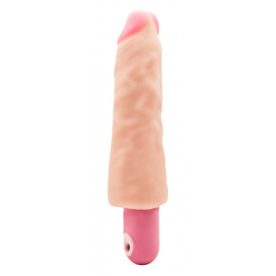 Skin-toned veined penis vibrator with a delicate pink glans and a fleshy shaft. The pink base is battery compartment and vibrations button controller - has 10 fun levels. Very flexible and waterproof. 24 cm full size, 4.