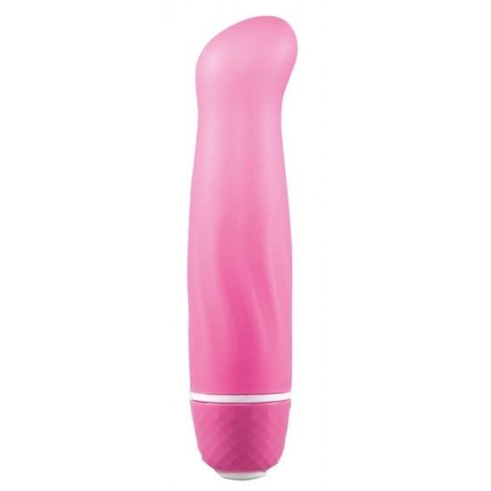 All pink mini-vibrator with curved head and textured shaft. 12.5 cm full size, 2.6-2.9 cm diameter. Seven vibration modes start as you push the button. Material: silicone, free of phthalates according to EU regulation RE