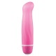 All pink mini-vibrator with curved head and textured shaft. 12.5 cm full size, 2.6-2.9 cm diameter. Seven vibration modes start as you push the button. Material: silicone, free of phthalates according to EU regulation RE