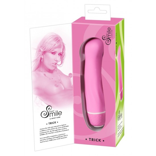 All pink mini-vibrator with curved head and textured shaft. 12.5 cm full size, 2.6-2.9 cm diameter. Seven vibration modes start as you push the button. Material: silicone, free of phthalates according to EU regulation RE
