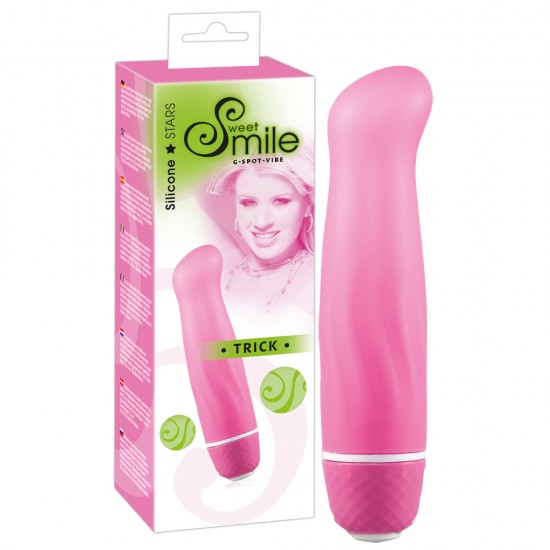 All pink mini-vibrator with curved head and textured shaft. 12.5 cm full size, 2.6-2.9 cm diameter. Seven vibration modes start as you push the button. Material: silicone, free of phthalates according to EU regulation RE