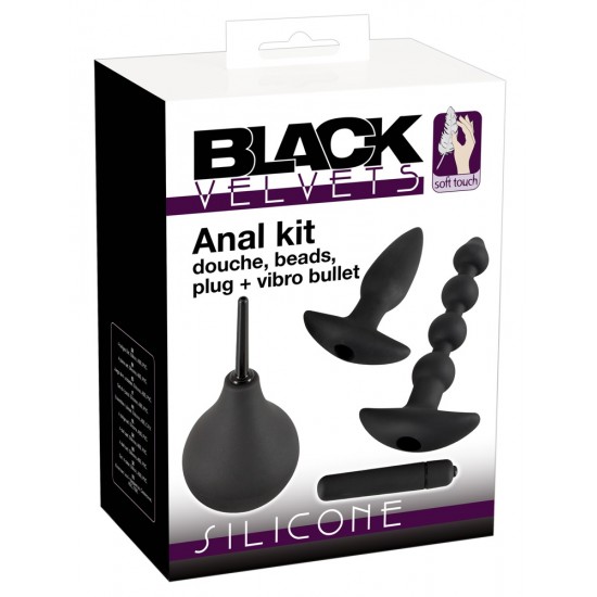Black set consisting of a plug, anal beads, intimate shower and vibrator, which can be inserted into the plug and anal beads. Plug approx. 15 cm long, Ø 2.1 to 3.5 cm, beads approx. 18 cm long, Ø 1.2 to 3 cm, intimate sh