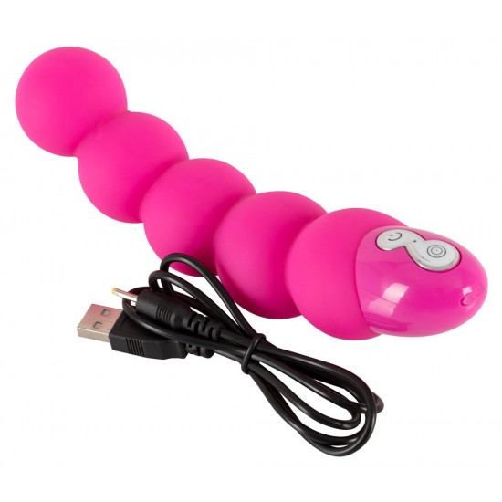 Rechargeable, flexible bead-shaped vibrator with two motors and seven vibration levels. Complete length approx. 18 cm, Ø 3.6 to 4.1 cm. Material: silicone with a polyurethane coating, ABS, phthalate-free according to EU