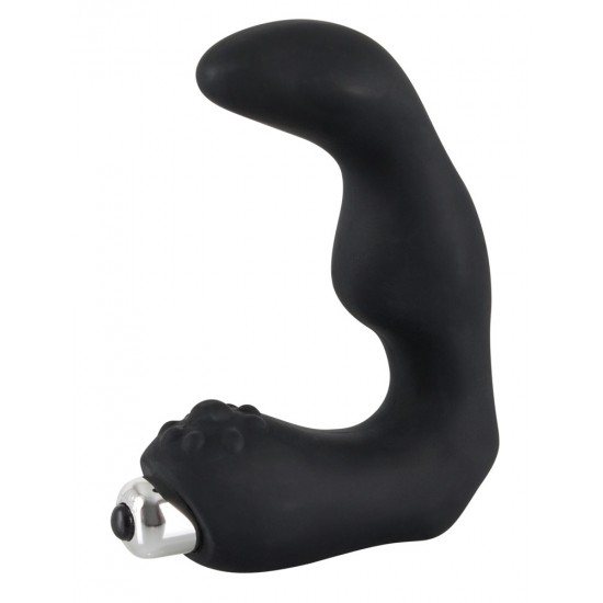 L-shaped vibrator with dots on the tip and a part of the shaft that is thicker than the rest of it. Removable vibro-bullet. Black/ silver-coloured.Complete length 25 cm, penetration depth 9 cm, Ø 2 to 3.3 cm.Material: si