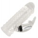 Transparent penis sheath with rabbit shap clitoris stimulator and continuously adjustable vibration. Nubbed on the outside, smooth inside, extended by 4 cm. Removable vibration egg.Total length 17 cm, Ø 3.2 cm (stretchab