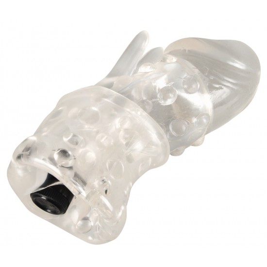 Transparent penis sheath with rabbit shap clitoris stimulator and continuously adjustable vibration. Nubbed on the outside, smooth inside, extended by 4 cm. Removable vibration egg.Total length 17 cm, Ø 3.2 cm (stretchab
