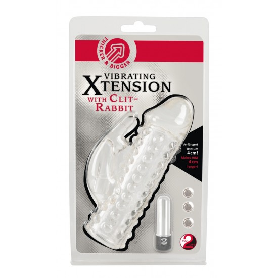 Transparent penis sheath with rabbit shap clitoris stimulator and continuously adjustable vibration. Nubbed on the outside, smooth inside, extended by 4 cm. Removable vibration egg.Total length 17 cm, Ø 3.2 cm (stretchab